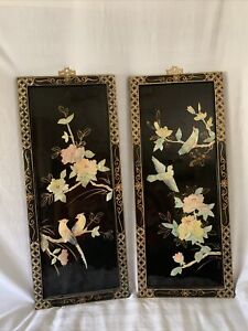 Antique Chinese Mother Of Pearl On Black Lacquer Panels Wall Decor Birds Flowers