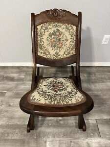 Vintage Folding Rocking Chair Tapestry Seat Carved Wood Victorian Style 29 