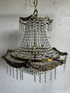 Vintage French Empire Chandelier Tiered Crystal Gold Brass Regency
