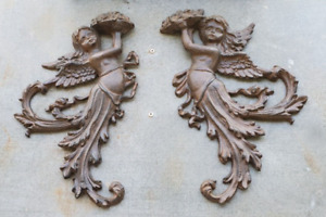 Pair Vintage Cast Iron Angel Figurines Sconces Plaques