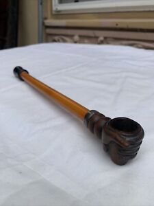 Chinese Asian Tobacco Pipe Carved Wood Fist Bakelite Silver Stone