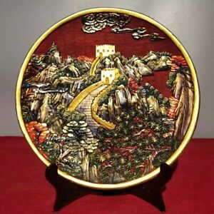 Chinese Red Iacquer Ware Handmade Exquisite The Great Wall Plate 21156