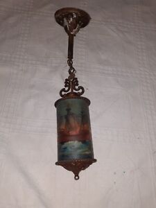 Antique Ship Painted Cylinder Glass Chandelier Hanging Lamp 1910