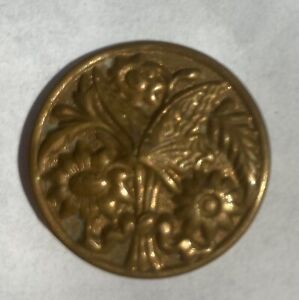Vintage Antique Brass Button Butterfly And Flowers