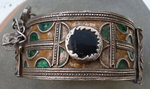  B Antique Silver Enamel Glass Bracelet Berber Morocco Nr