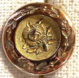 19c Antique Etched Brass Button With Gold Rose Center
