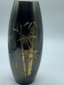 Vintage Japanese Metal Vase Etching Design Bamboo And Bird Rare