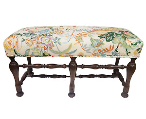 Antique English Jacobean Elizabethan 19th C Spindle Carved Upholstered Bench