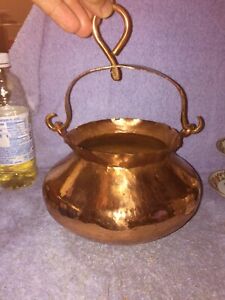 Antique Hanging Copper Cauldron Kettle Dovetailed Iron Handles Huge Open Hearth
