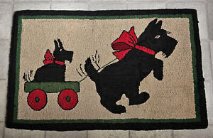 Antique Folk Art Hand Hooked Rug Scotty Dog Pulling Cart W Scottie Pup Red Bows