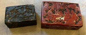 18th Mid 19th Century Chinese Cinnabar Hand Carved Box Lot Of 2 Black Red