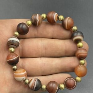 Stunning Ancient Sulemany Eye Banded Agate Stone Beads Gold Plated Bead Bracelet