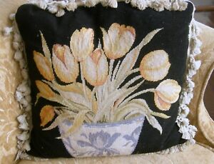 Elegant Vintage Wool Neeldepoint Decorative Throw Pillow Yellow Tulips