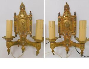 Sconces Pair Gilded Arts Crafts Mission 2 Candle Updated Wiring 12 X 8 X 3