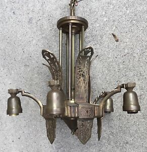Antique Brass Hanging Hall Lamp With 5 Lamp Holders