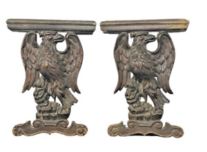 Salvage Repurpose Large Carved Wood Eagles Pair Full Body Early 1800s