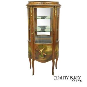 Antique French Louis Xv Style Small Bowed Glass Painted Curio Display Cabinet