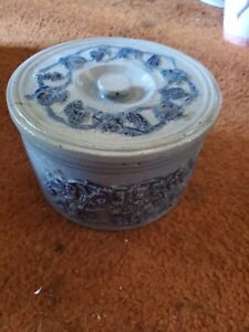 Vintage Robinson Clay Products Stoneware Cheese Butter Crock Blue Grape Pattern