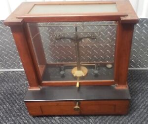 Antique Christian Becker Balance Scale Apothecary Mahogany Cabinet Marble Base
