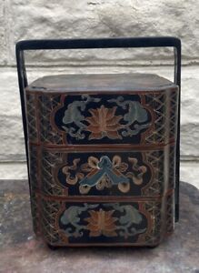 Vintage Chinese Wood Lacquer Composite Stacking Wedding Basket 11x7 5x7 5 