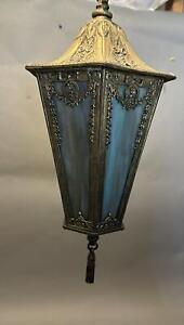 Vintage Antique Slag Glass Hanging Hall Lamp Light Fixture