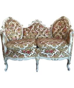 White French Provincial Louis Xvi Upholstered Settee Carved With Gilt Accents 