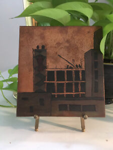 Vintage Mid Century Mod Copper Cityscape Etching Engraving Wall Plaque Artwork