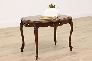 French Design Vintage Carved Walnut Marquetry Coffee Table 42889