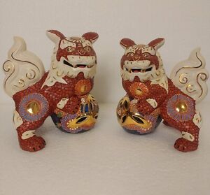 Vintage Kutani Artceramic Set 2 Foo Dogs Chinese Guardian Lions Statue Gold Home