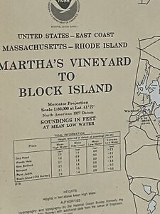 Vintage 1979 Map Martha S Vineyard To Block Island Large 2x Sided 48 By 36