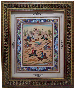 Rare Persian Mid 20th C Miniature Opaque W C Fgrtv Pntng W Micro Mosaic Pctr Frm