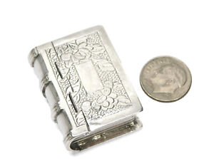 Silver Pill Box Book Shape Engraved Miniature Snuff Gold Wash Inside Marked Mk