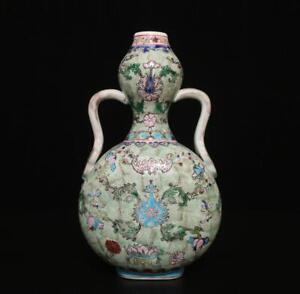 26cm Qianlong Signed Antique Chinese Famille Rose Gourd Vase W Bat