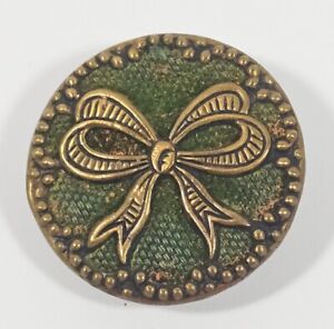 Antique Brass Button W Green Fabric Bow Design 1 Inch