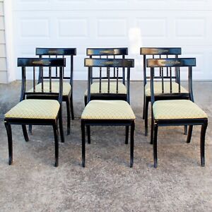 Vintage Hollywood Regency Style Black Gold Klismos Dining Chairs Set Of 6