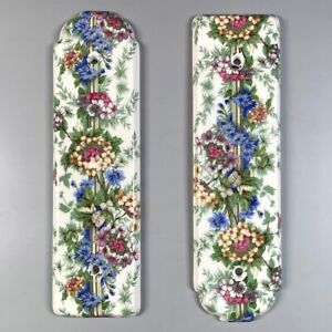 Pair Of Vintage French Porcelain Door Push Finger Plates Flowers Signed Paris