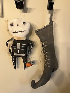 Halloween Folk Art Primitive Skeleton Doll Handmade Farmhouse Witch Boot Pumpkin