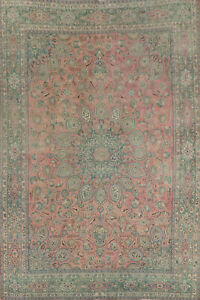 Vintage Pink Green Kashmar Traditional Floral Handmade Room Size Area Rug 10x13