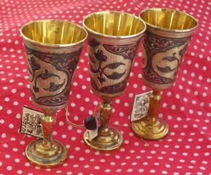 Antique Russian Kubachi Set Of 3 Vintage Silver Cups Niello Ussr Gold Gilt