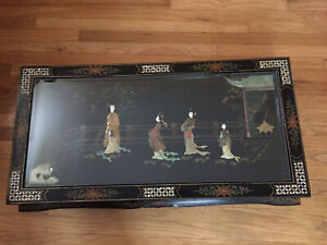 Vintage Midcentury Chinese Black Lacquer Pearl Inlay Carved Foldable Coffeetable