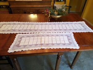 2 Antique Italian Tuscany Hand Knotted Modano Lace Runners 57 L And 29 L