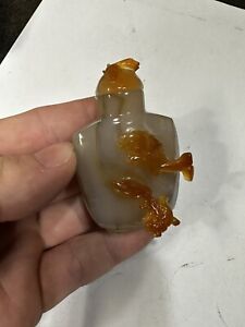 19th Century Antique Chinese Agate Bottle Fish Intricate Work Of Art Qing