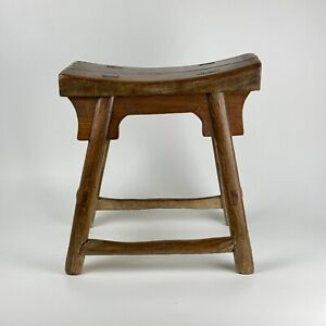 19th Century Chinese Stool With Skirt Design From Heavy Elm Wood Hand Hewn