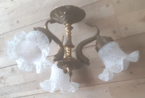 Brass Dolphin Ceiling Light Fixture Victorian With Three Venetion Glass Shades