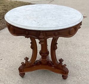 Round Walnut Victorian Marble Top Table