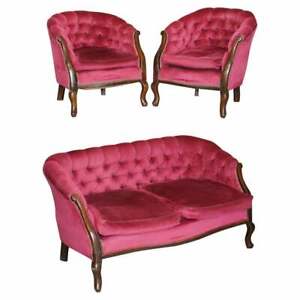 Victorian Mahogany Pink Velour Parlour Chesterfield Suite Of Sofa Armchairs
