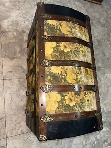 Large Antique Victorian Dome Top Camelback Wood Metal Chest Steamer Trunk