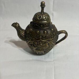 Oriental Brass Bronze Antique Teapot With Stag And Bird Depictions 5 25 