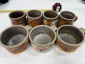 Vtg Pottery Marked 4 Hand Thrown Tea Cups Mugs And 3 Soup Cups