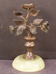 Antique Bronze Miniature Onyx Rose Flowers Paperweight Sculpture Statue Figurine